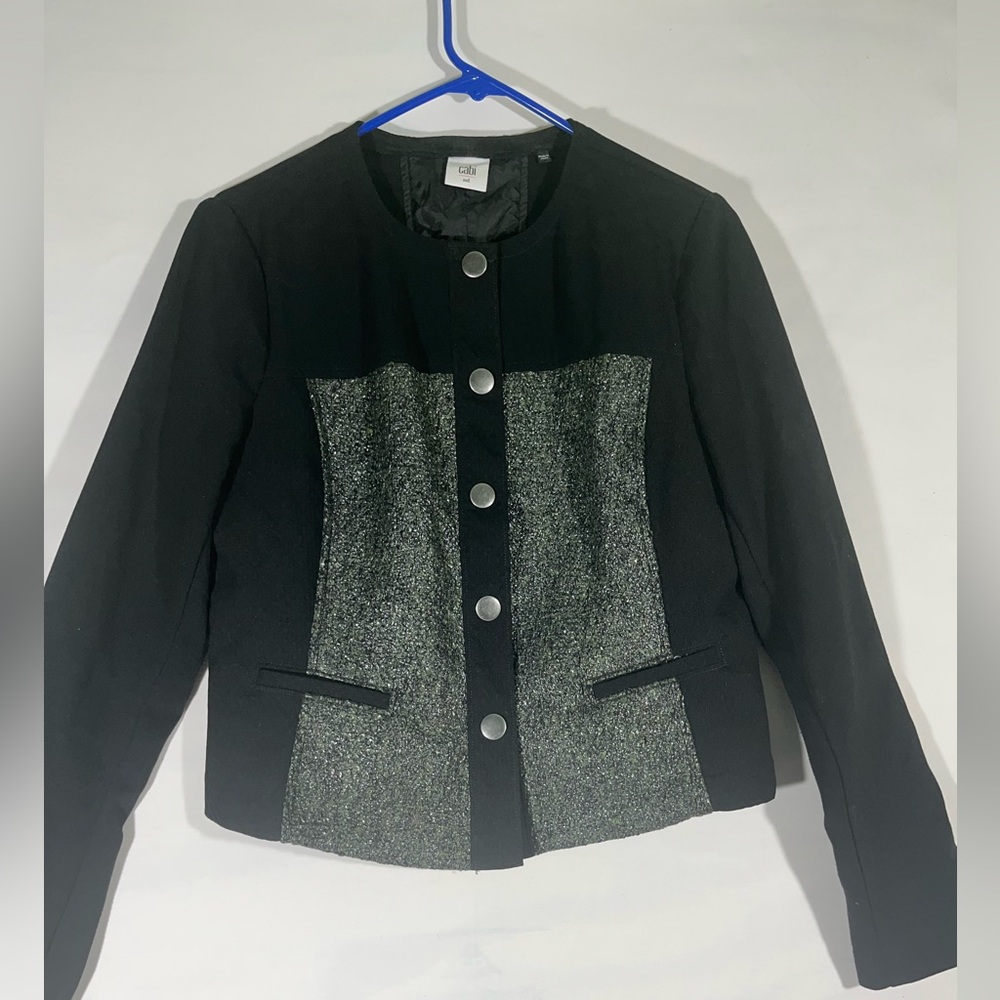 CABI MEDIA KNIT CROP JACKET WOMEN M BLACK GREEN TWEED INSET SNAP FRONT MOTO A38